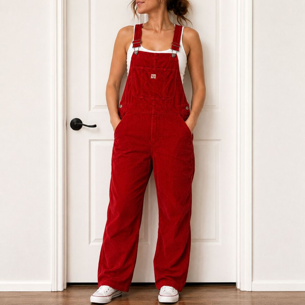 Unionbay Jeans Red Overalls Womens Medium Vintage Y2K Cotton Wide Leg Bib HTF